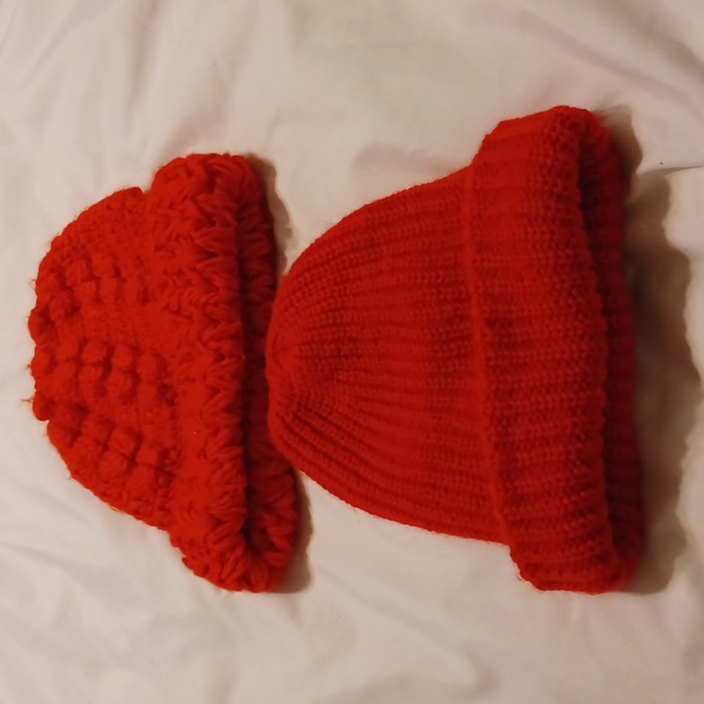 2 red vintage winter hats
